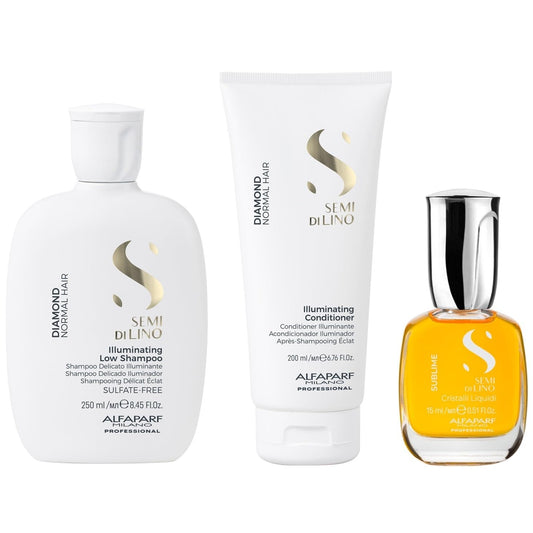 Alfaparf Milano Semi di Lino Diamond Gift Set for All Hair Types - Sulfate Free Illuminating Shampoo, Conditioner and Cristalli Liquidi Hair Oil Serum - Adds Shine and Softness