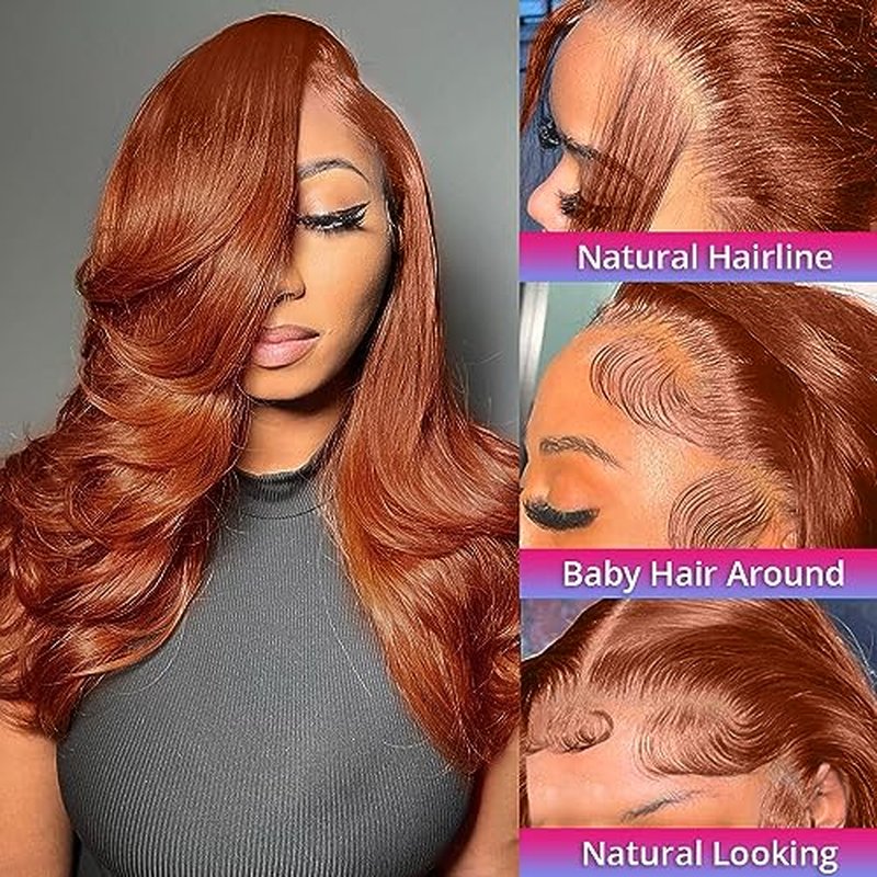 200 Density 13x6 Reddish Brown Lace Front Wigs Human Hairs Pre Plucked 13x6 HD Transparent Body Wave Lace Front Wigs With Baby Hair Ginger #33 Colored Human Hair Wig For Women (22 Inch)