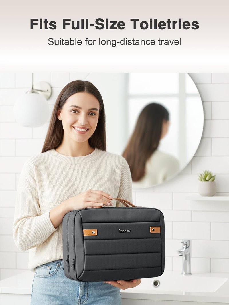 COOSKY Women's Hanging Toiletry Bag, Waterproof Travel Cosmetic Organizer with Jewelry Storage, Large Capacity Makeup Case for Full-Size Skincare & Bathroom Essentials, Portable Cosmetic kit, Black