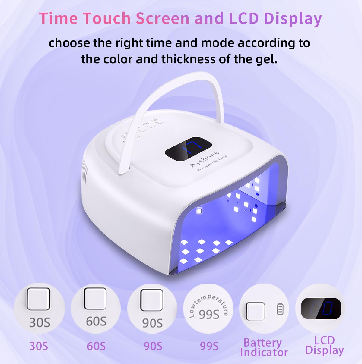 Ayshone Rechargeable LED Gel Nail Lamp,60W Cordless UV Led Nail Light Nail Dryer for Gel Nails with Lifting Handle Touch Sensor LCD Screen(White)