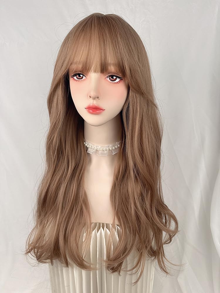 huafan luxkazya Milk Tea Brown Long Wig with Bangs Long Wavy Wig for Women Realistic Wigs Synthetic Wigs for Women Daily Use