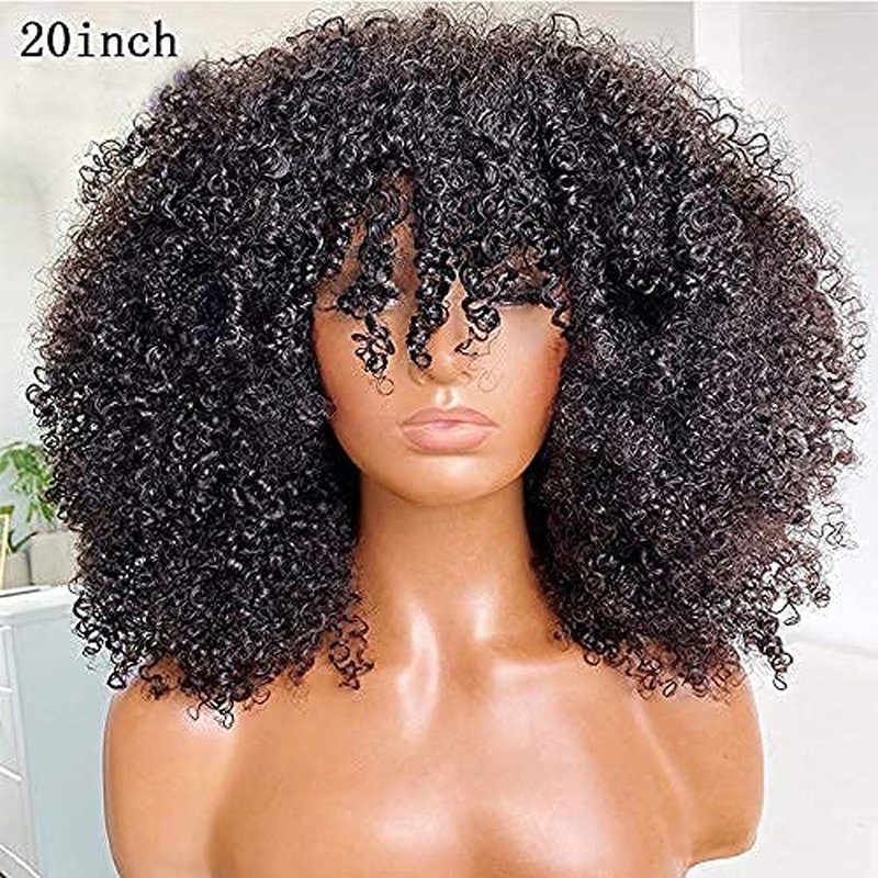 Afro Kinky Curly Wig With Bangs Full Machine Made Scalp Top Wig 200 Density Brazilian Short Curly Human Hair Wigs Natural Color 14 Inch