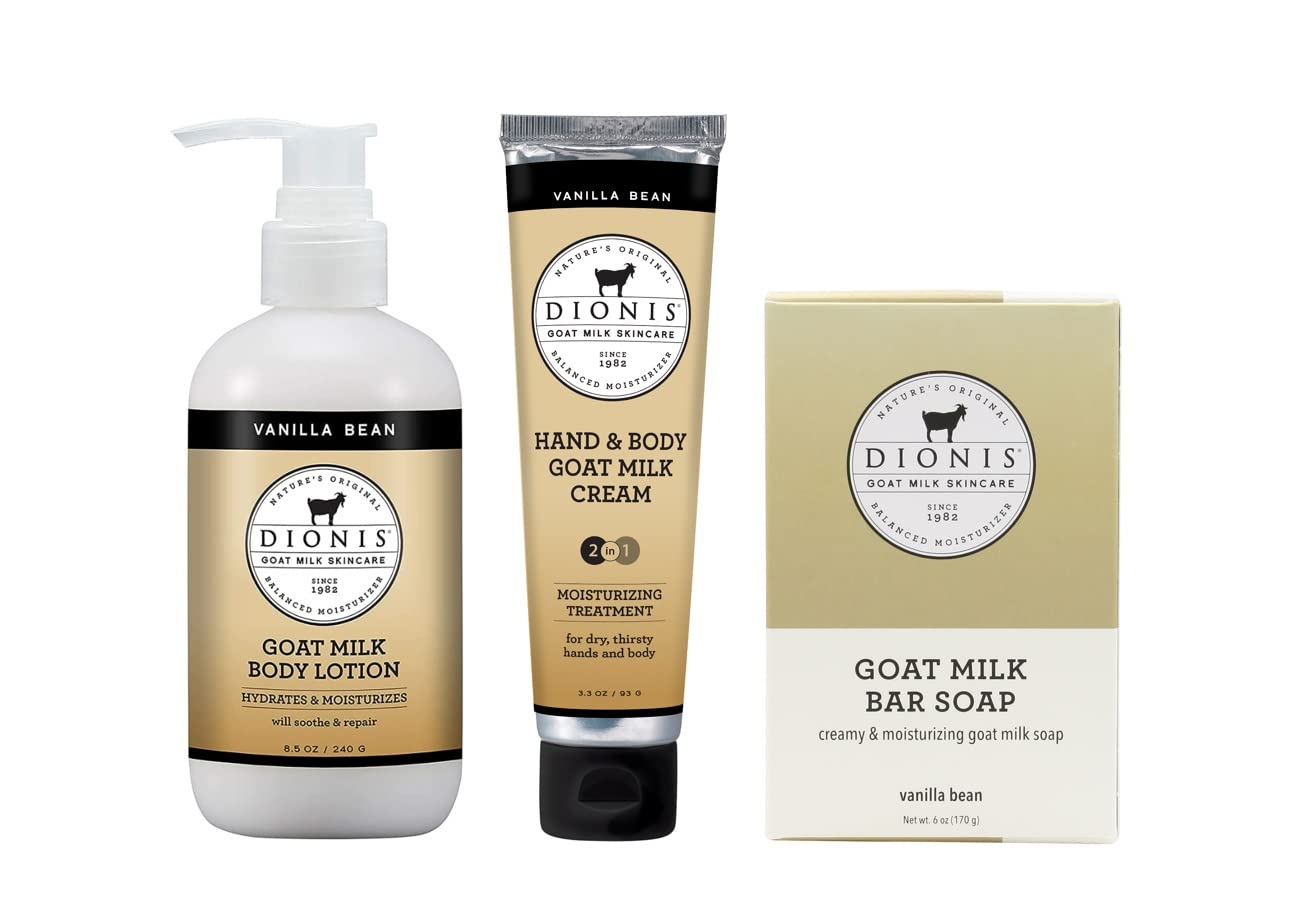 Dionis Goat Milk Skincare Vanilla Bean Scented Lotion 8.5oz, Hand & Body Cream 3.3oz and Bar Soap 6oz Bundle