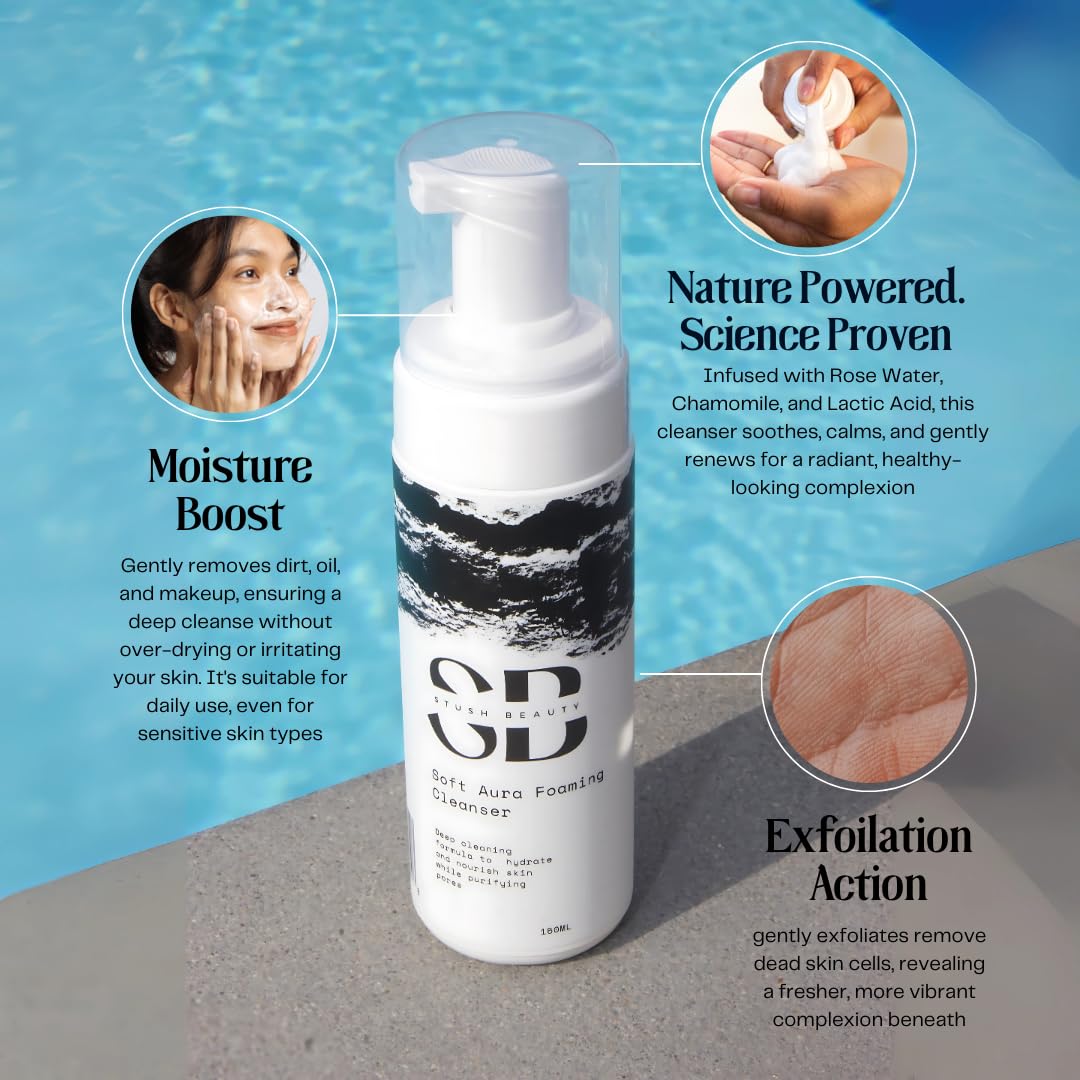 Stush Beauty Soft Aura Foaming Cleanser, Gentle Vegan Face Wash with Rose Water + Chamomile + Lactic Acid, Hydrating for Sensitive Skin & All Skin Types, Sulfate Free, Non-Drying