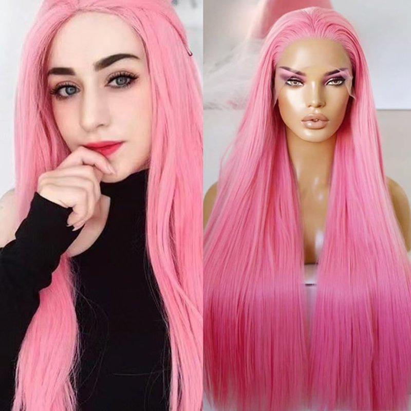 Pink Lace Front Wig for Women - Long Silky Straight Synthetic Hair | Glueless Natural Hairline, Heat Resistant