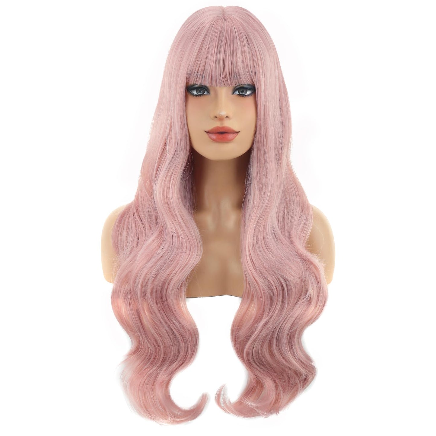 Pink Long Wavy Wig with Bangs - Synthetic Hair for Daily Wear | Perfect for Parties