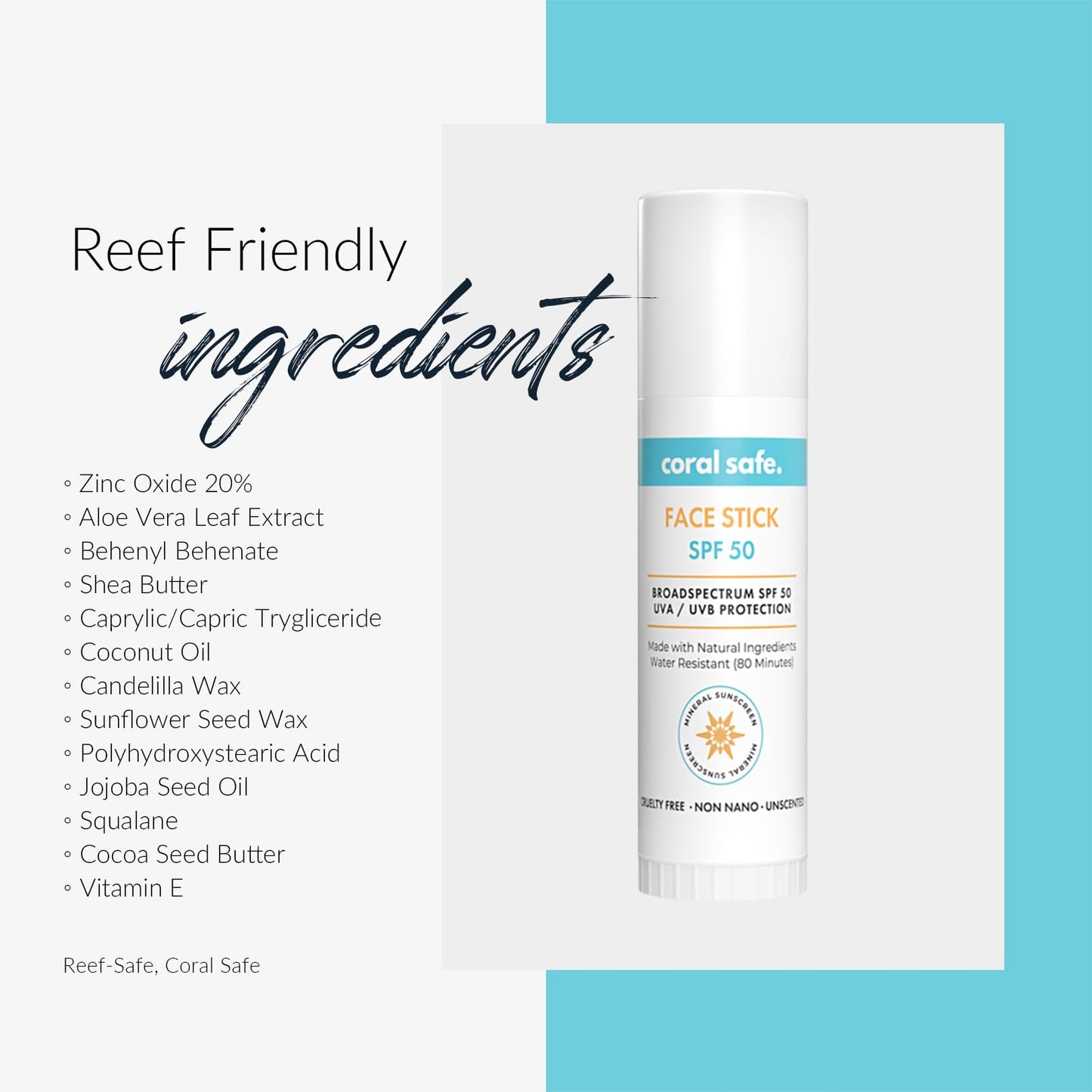 Reef Safe Mineral Sunscreen Face Stick SPF 50 - Biodegradable, Non-Nano Zinc Oxide, Travel Size, Hawaii & Mexico Approved, TSA Approved, 0.5 oz by Coral Safe