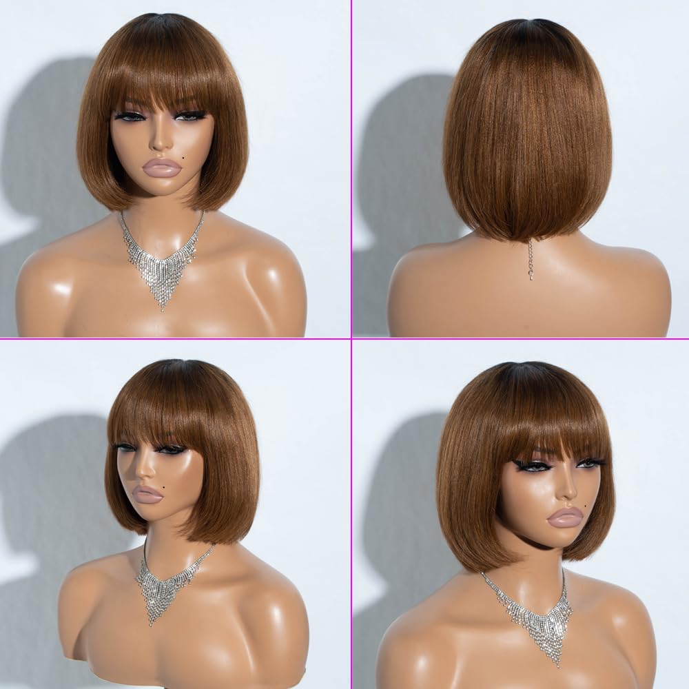 Spotlight 8 Inch Straight Bob Wig with Bangs Human Hair 180% Density Short Bob Human Hair Wigs with Bangs None Lace Front Wigs Brazilian Straight Hair Wig for Black Women (Ombre Brown, TT1B/30 Color)