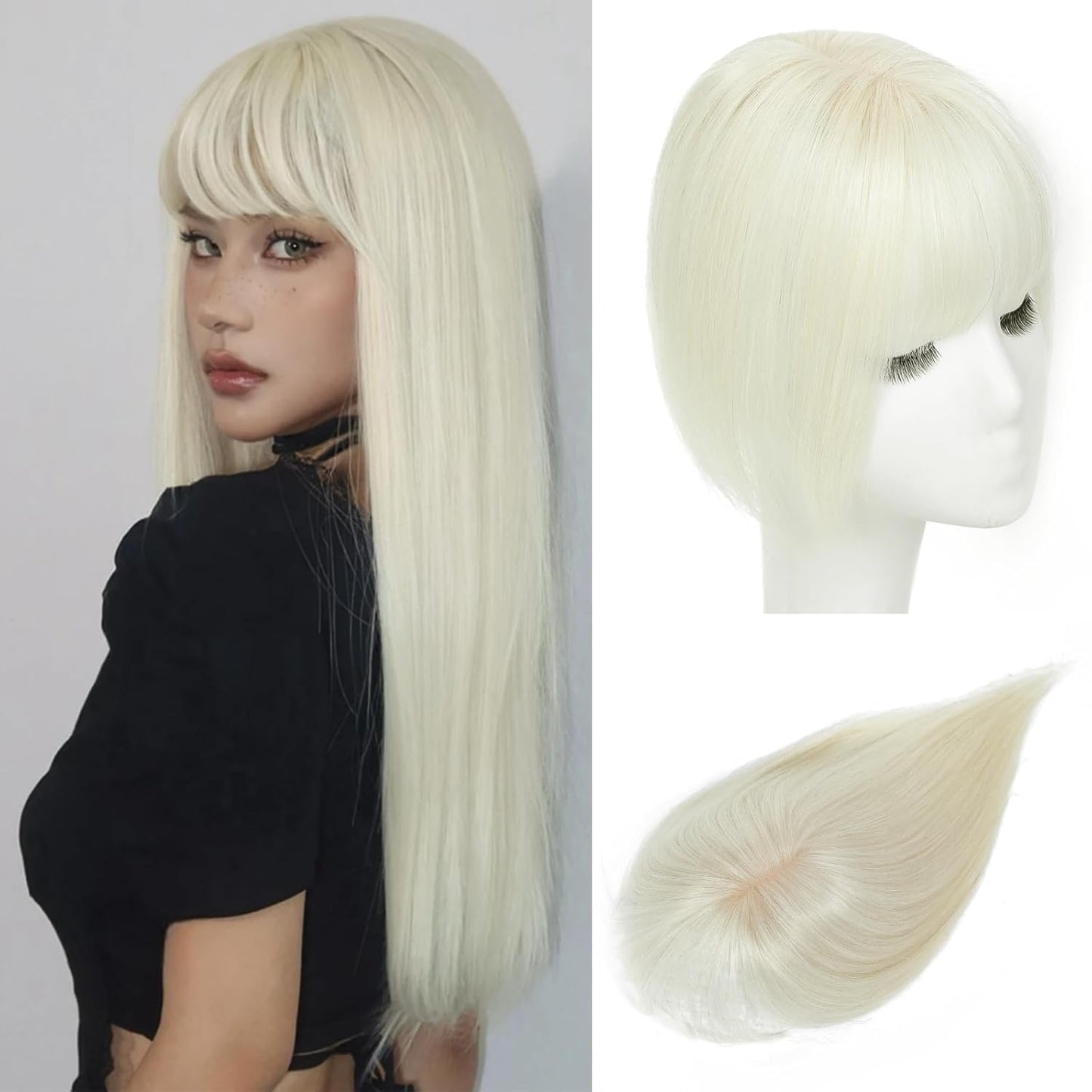 OLLAVO Hair Toppers for Women Real Human Hair, 360°3D Bangs Clip Human Toppers for Women with Thinning hair Realistic Scalp Line (Black, 3D Wispy Bangs(11 * 7))