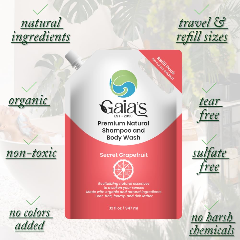 GAIA's Natural Body Wash & Shampoo - Grapefruit | 64 Fl Oz, Sulfate-Free, Organic Ingredients, pH Balanced