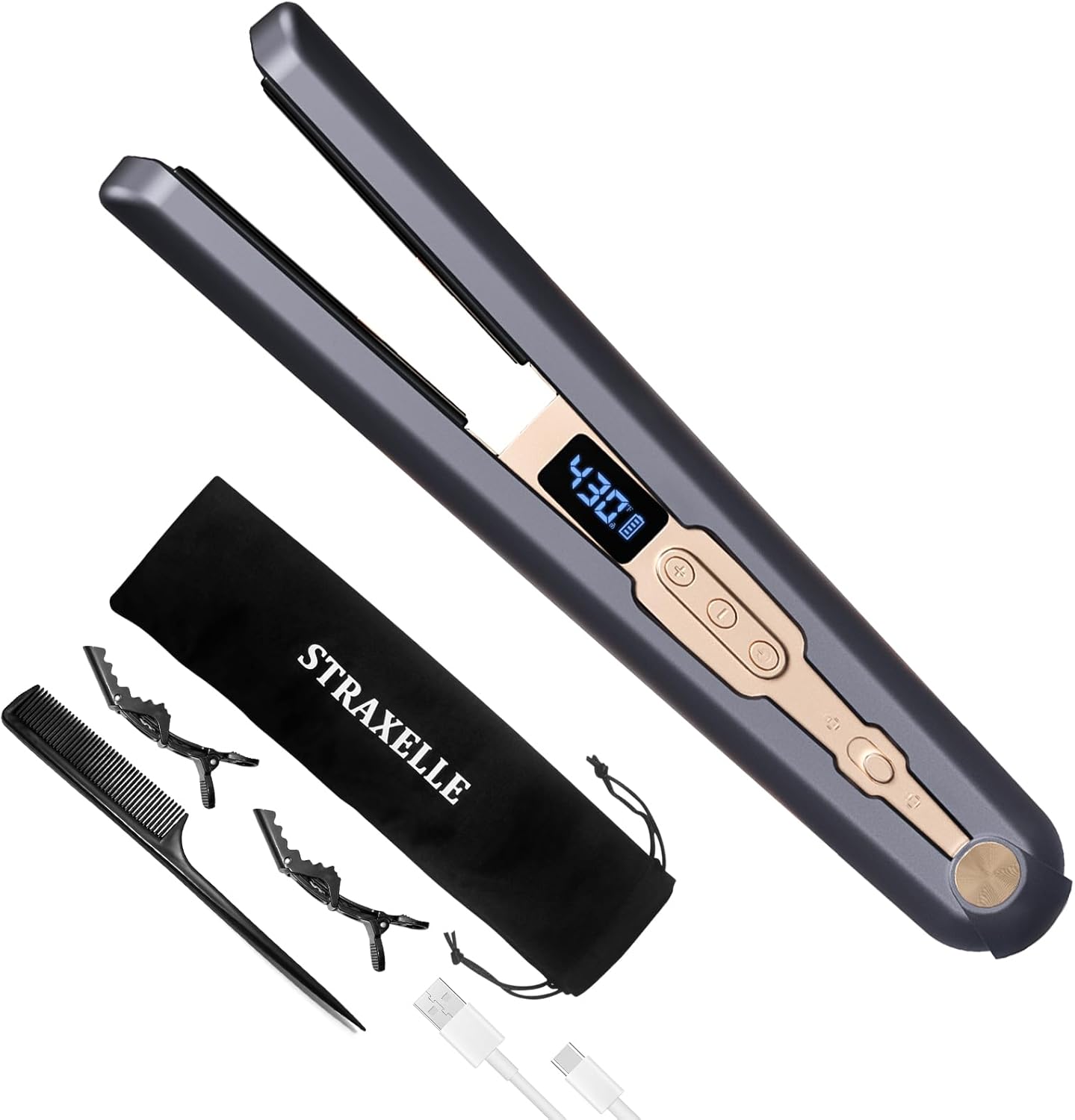 Cordless Hair Straightener - 10000mAh Rechargeable Flat Iron with LED Screen & 3D Floating Plates | Dark Blue & Gold