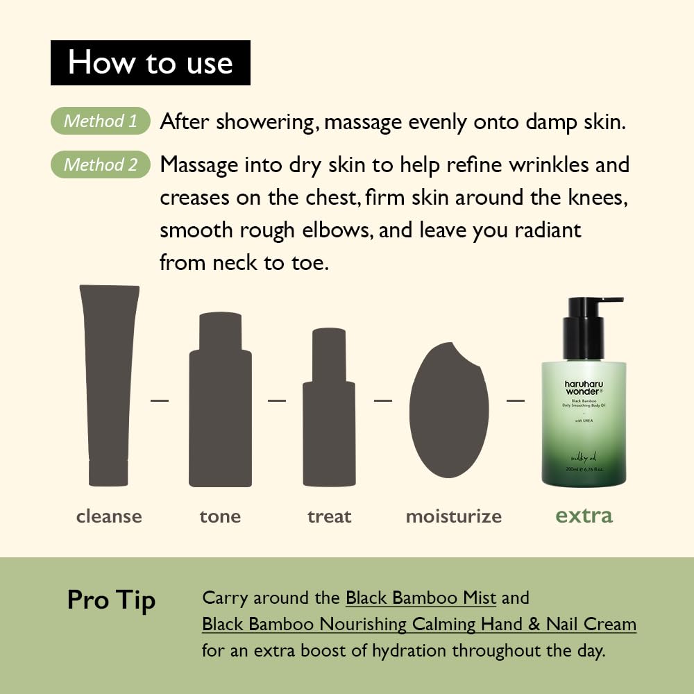 HARUHARU wonder Black Bamboo Daily Smoothing Body Oil, Fast Absorption, Lightweight, Non-Greasy, Deeply Hydrating, Locks in Moisture, Softens & Nourishes Skin, With Almond & Argan Oil, 6.76 fl oz