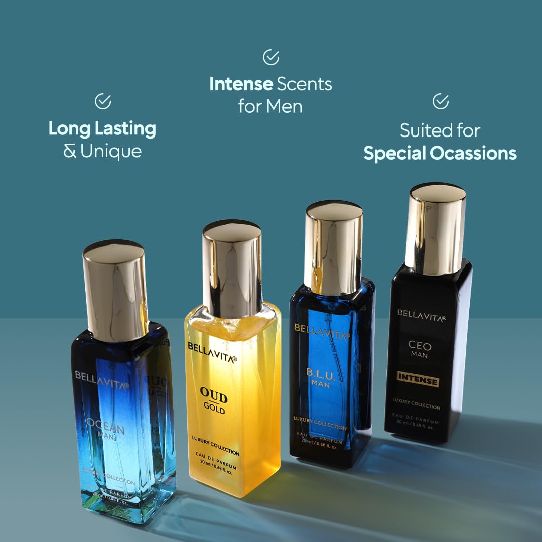 Bellavita Luxury Men's Luxury Perfume Gift Set with Gold Oud,OCEAN, B.L.U., & CEO Man Intense | 80ml | Perfume for Men and Women | Lavender, Bergamot, and Caramel Notes | Long Lasting Unisex Fragrance