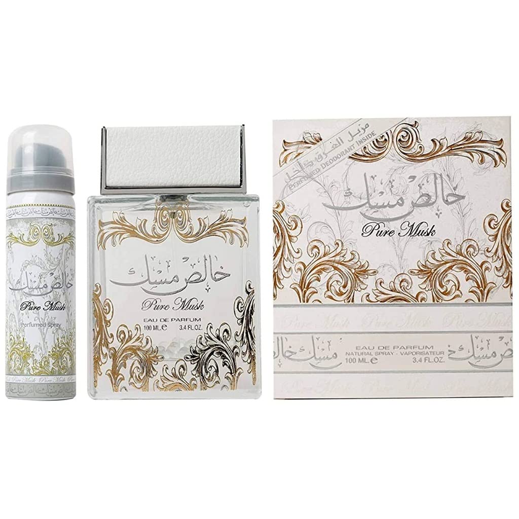 Lattafa Perfumes Pure Musk 2 Piece Set for Unisex (3.4 Ounce Eau de Parfum Spray + 1.7 Ounce Perfumed Body Spray)