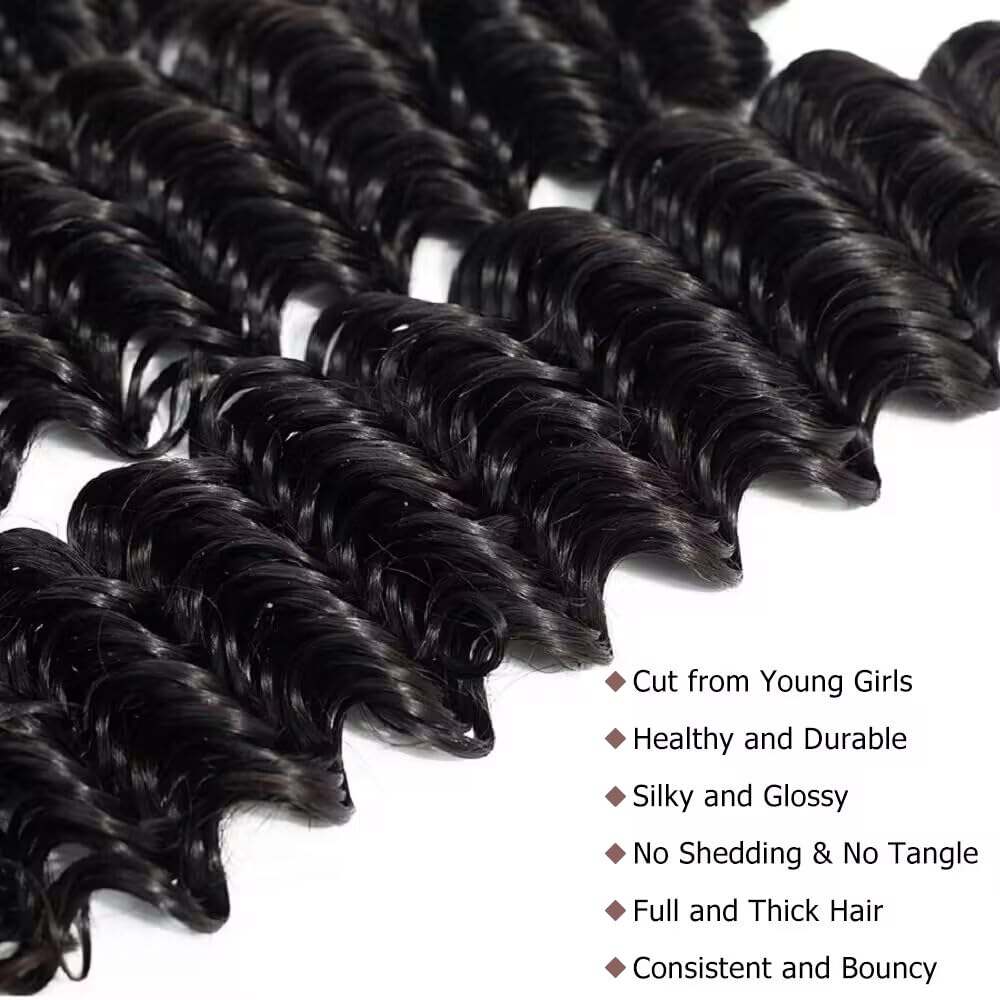 Deep Wave Human Hair Bundles 20 Inch 12A Brazilian Virgin Wet and Wavy Human Hair Weave Bundles 100% Unprocessed Deep Curly Bundles One Bundle Double Weft Water Wave Bundles Natural Black