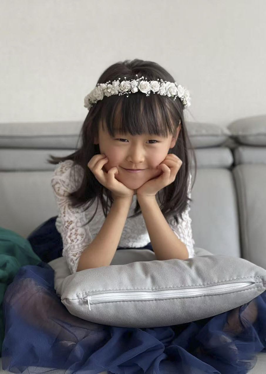 PoshMyra White Flower Girl Crown with Baby's Breath Headpiece Young Girl Communion Floral Hair Wreath Rustic Wedding Hair Accessories Headband for Child(43cm length)