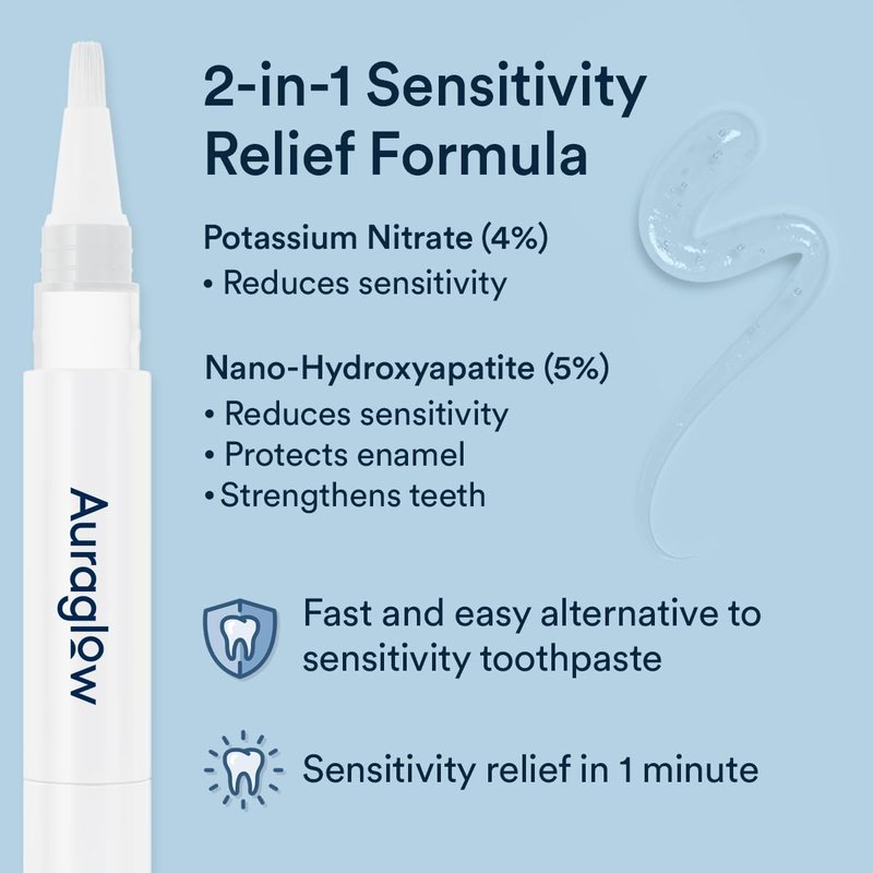 Auraglow Sensitive Teeth Relief Serum Gel, Reduces Tooth Sensitivity with Potassium Nitrate and Nano Hydroxyapatite, Remineralization Gel, Strengthens Teeth & Protects Enamel, 40+ Treatments, 4ml