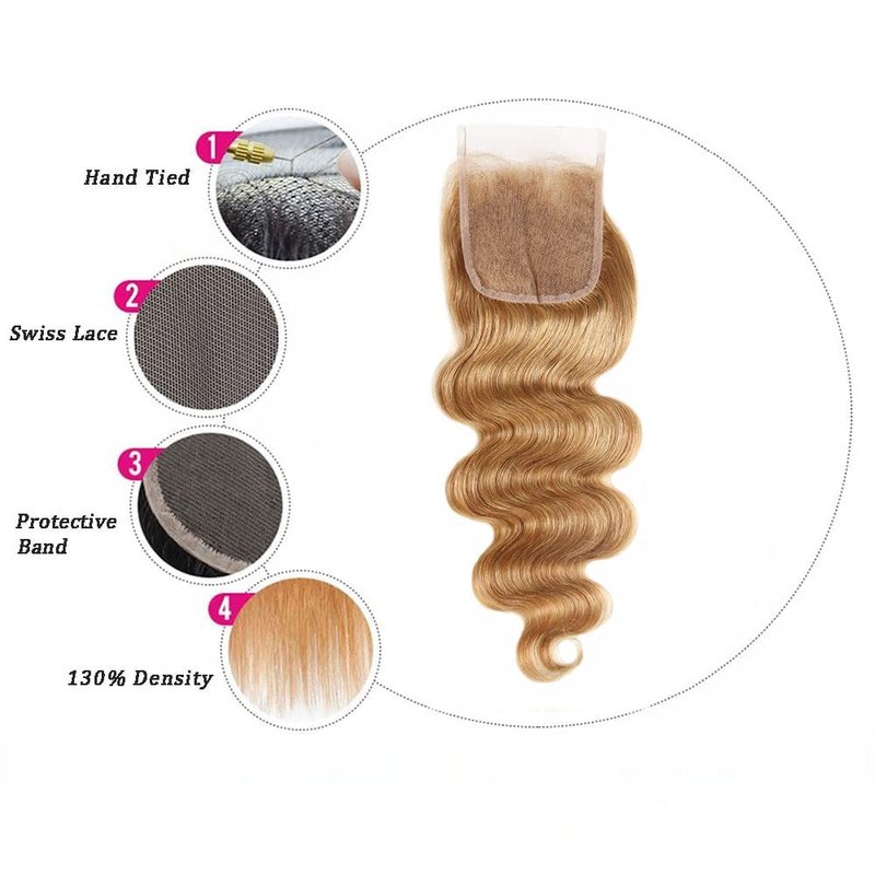 4X4 Honey Blonde 27# Closure Pre Plucked Closure Hd Transparent Lace With Baby Hair Brazilian Virgin Hair Body Wave 14 Inch Next Day Delivery
