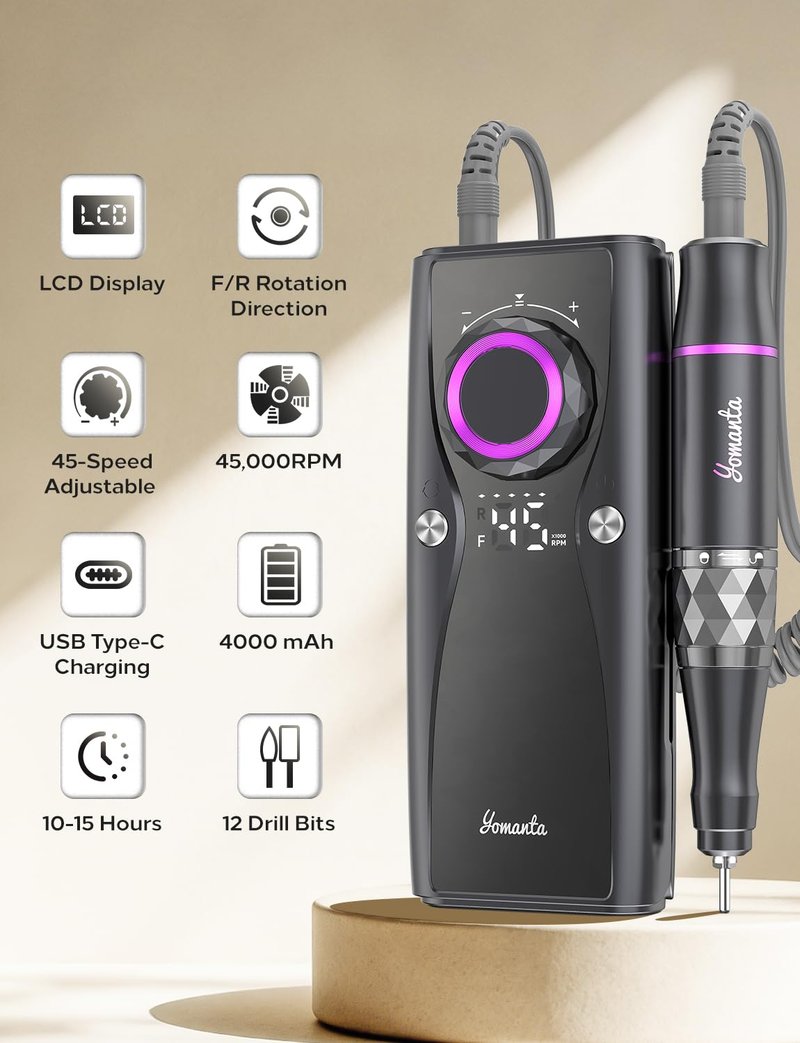 Yomanta Electric Nail Drill Professional Kit: 45,000 RPM USB Rechargeable Efile Nail Drill Nail File with 12 Bits for Polishing Gel/Acrylic Nails- Portable Manicure Tool Set for Salon/Home-Black