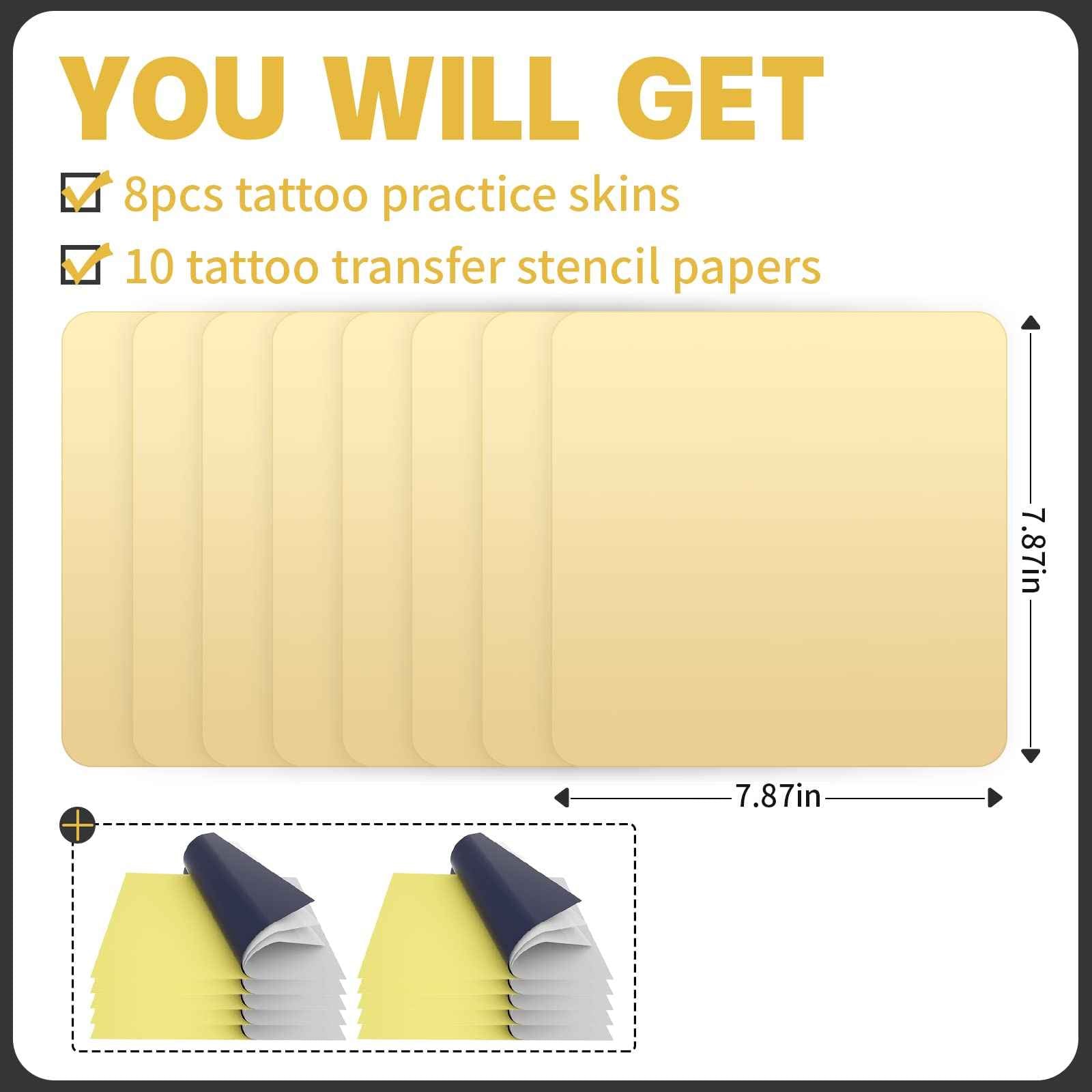 Padieoe Tattoo Practice Skin 8pcs 7.8x7.8in 3MM Silicone Tattoo Fake Skin Double Sides Practice Sheet with 10 Transfer Stencil Paper for Beginners N201099-S-8N