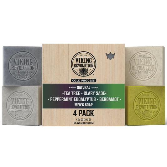 Viking Revolution Natural Soap for Men - Mens Soap Bar with Essential Oils Cold Pressed Bar Soap for Men - Nourishing Soap with Tea Tree, Clary Sage, Peppermint Eucalyptus, Bergamot (4 Pack)