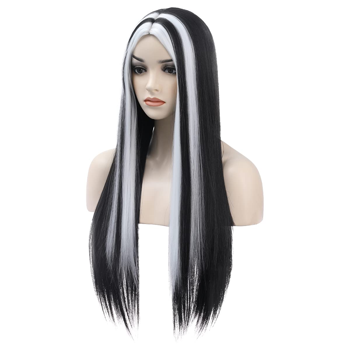 MAGQOO Black White Wig Long Straight Black White Wigs for Women Girls Middle Part Heat Resistant Hight Density Synthetic Wigs