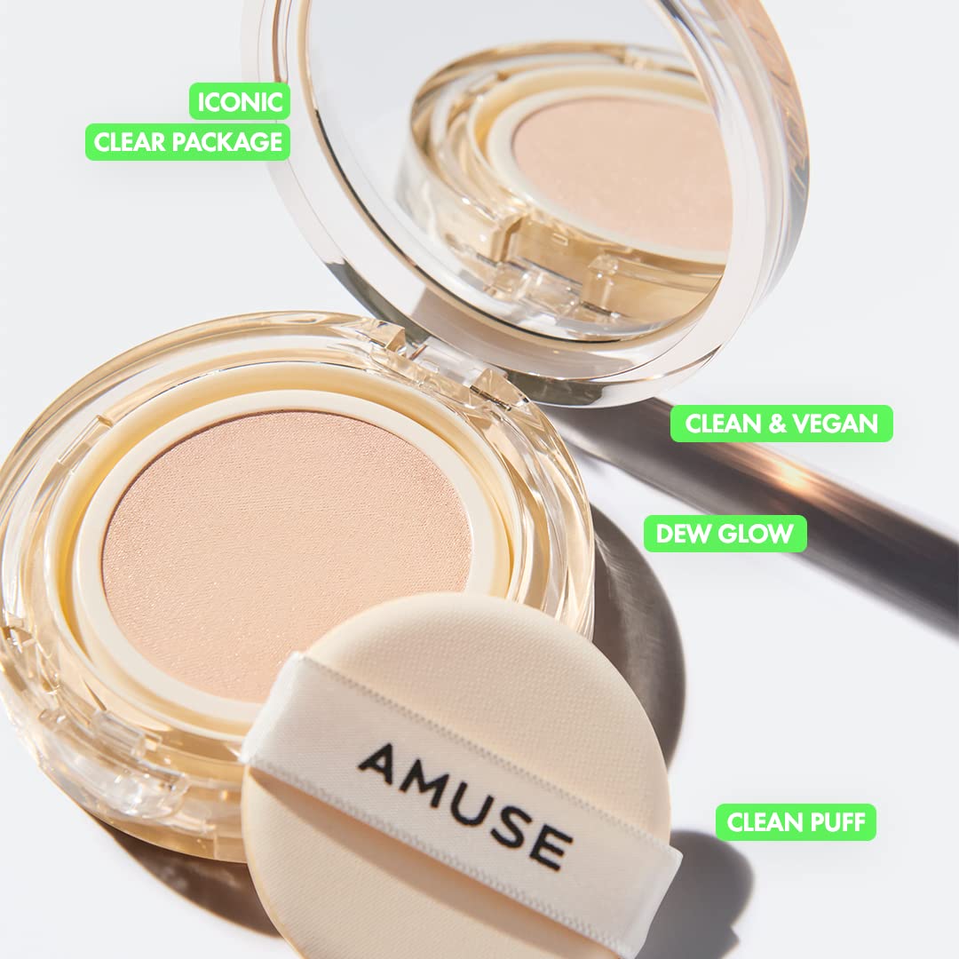 AMUSE SEOUL Dew Jelly Vegan Cushion Foundation (03 HONEY) - Full Coverage, Dewy Glow Finish, Lightweight, Long Lasting, Firming Texture, All Skin Types, Vegan, Korean Makeup