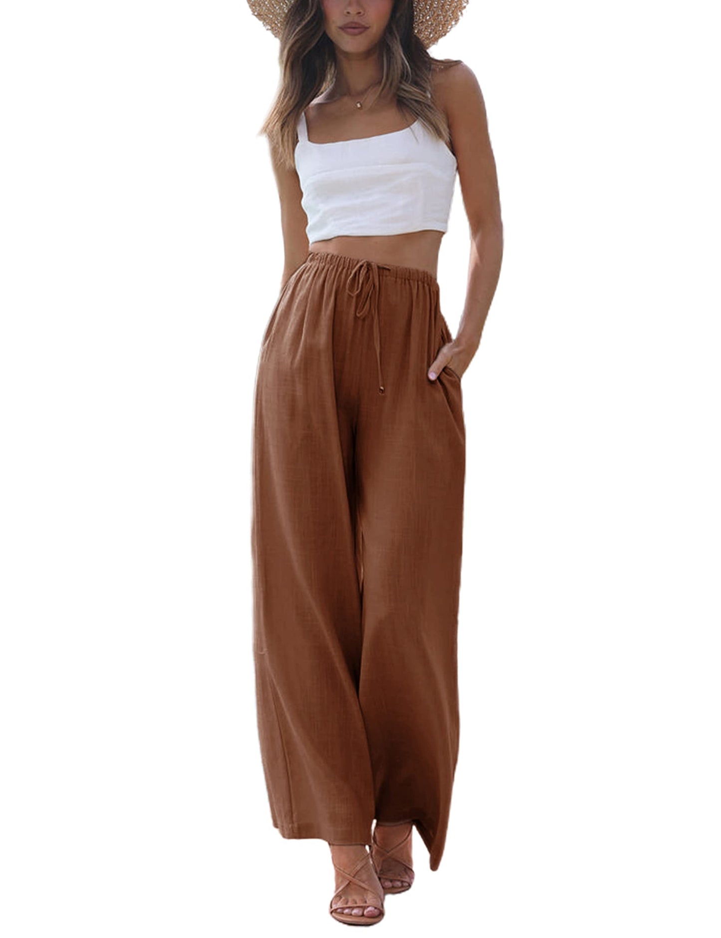 Faleave Women's Cotton Linen Summer Palazzo Pants Flowy Wide Leg Beach Trousers with Pockets(Rust-XS)