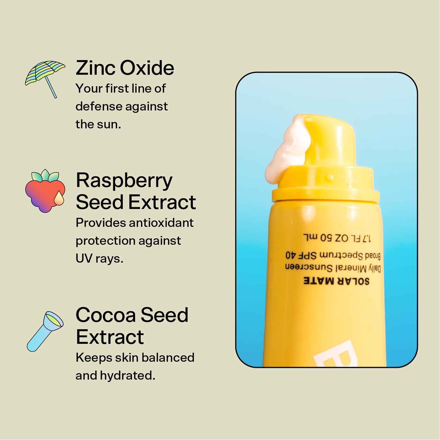 Bubble Skincare Solar Mate Mineral Face Sunscreen Broad Spectrum SPF 40 - Zinc Oxide Sunscreen with Blue Light Protection & Ginseng Extract - Sheer, Lightweight Coverage With No White Cast (50ml)