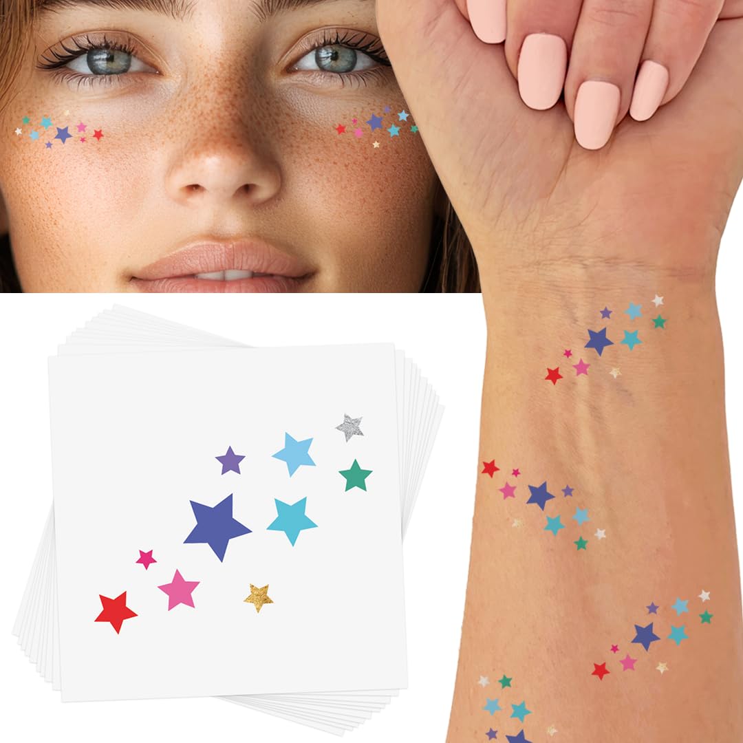 RAINBOW DELIGHT STARS set of 10 premium waterproof metallic foil temporary Flash Tattoos - Party Favors, temporary tattoo, rainbow tattoo, star tattoo, face jewels