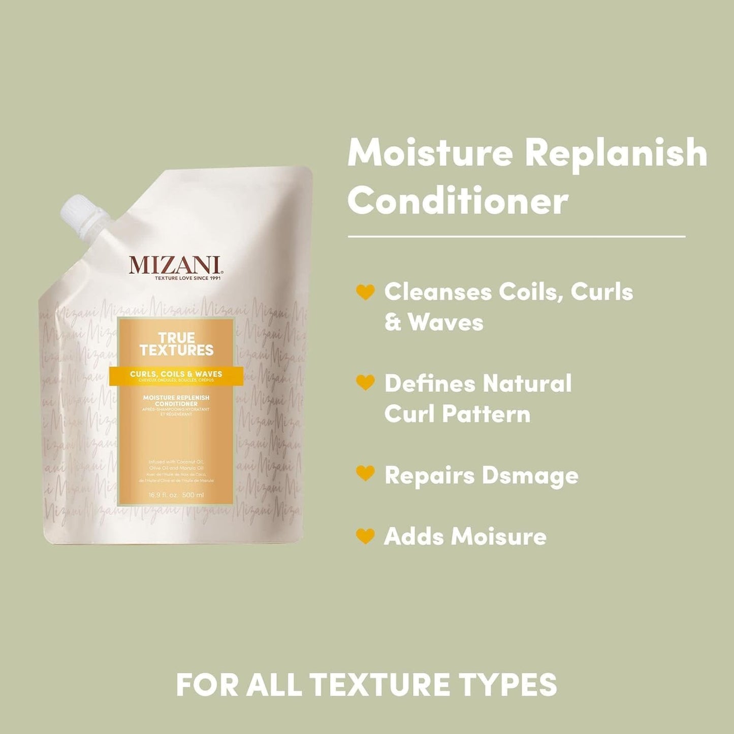 Mizani True Textures Moisture Replenish Conditioner - Deep Conditioner for Curly Hair with Coconut Oil & Olive Oil, Anti Frizz, Silicone-Free, Paraben Free, 16.9 Fl Oz