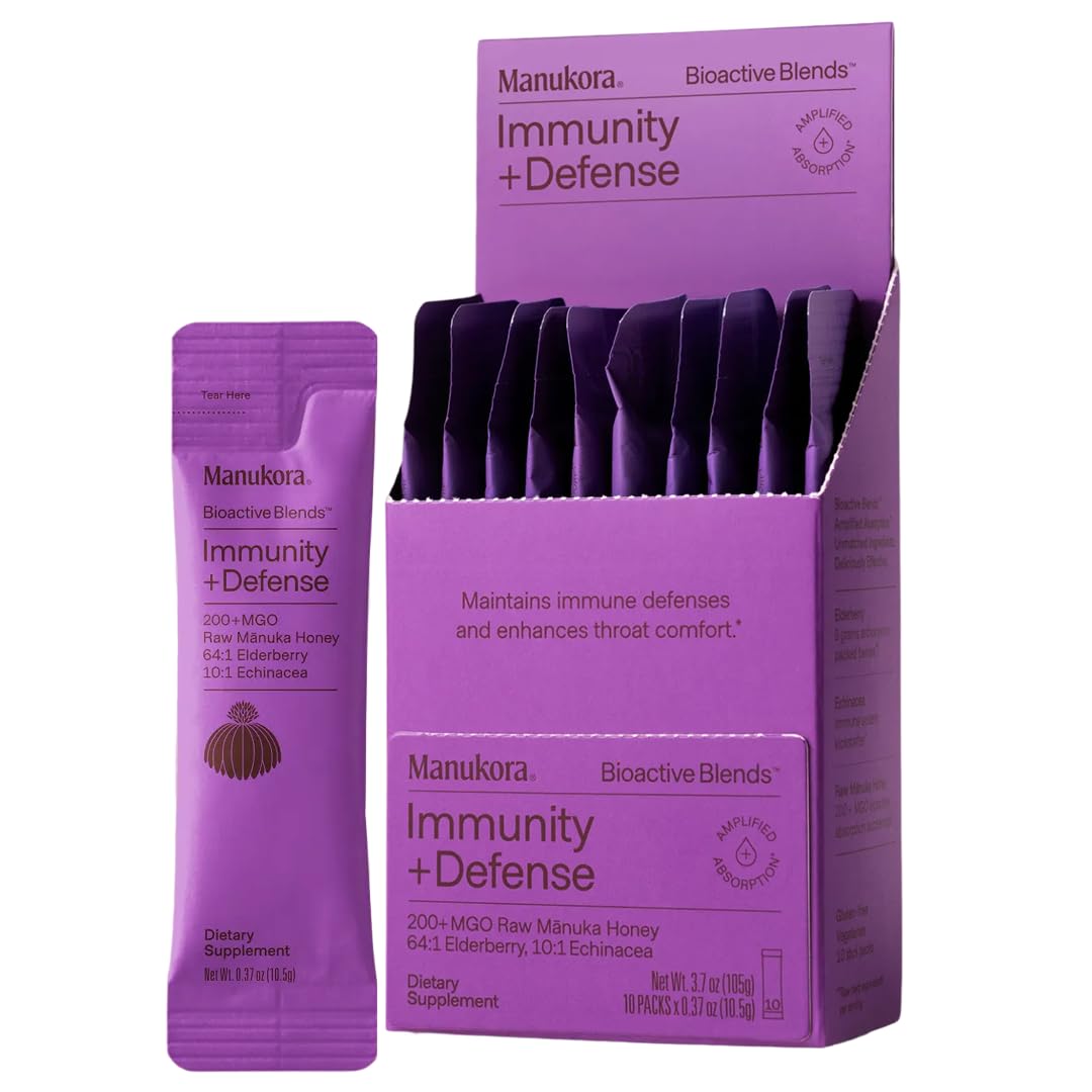 Manukora Immunity Blend Supplement, Elderberry & Echinacea with Manuka Honey, Supports Immune Defense, Throat Comfort & Improved Absorption, Adults & Kids, 3rd-Party Tested, Non-GMO, 10 Packets