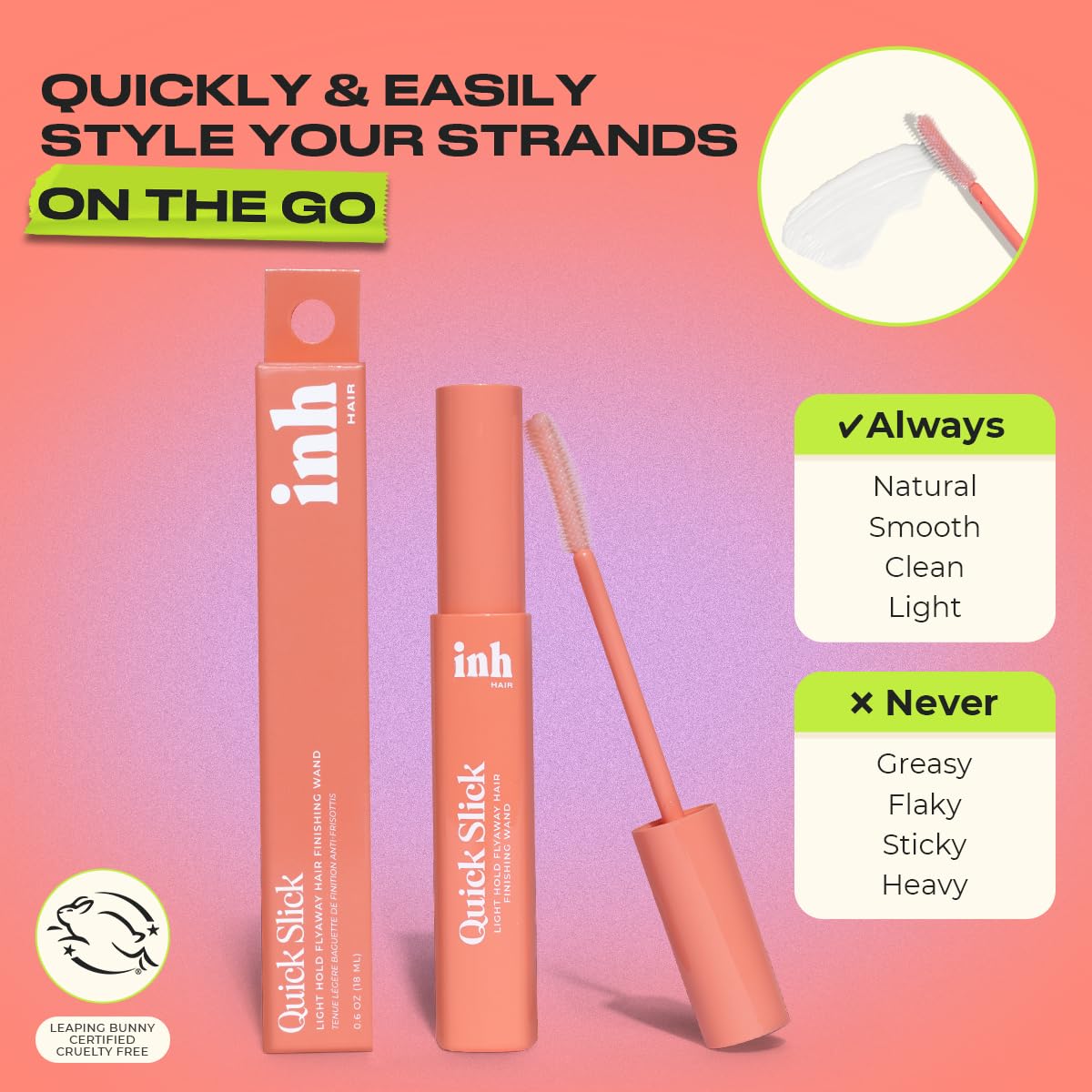 INH Hair Mascara for Flyaways | Quick Slick Hair Finishing Stick for Flyaways, Frizz Control, & Slick Back Look | Non Greasy & Non Comedogenic Smoothing Serum & Frizz Tamer Wand | Peach Tart, 18ml