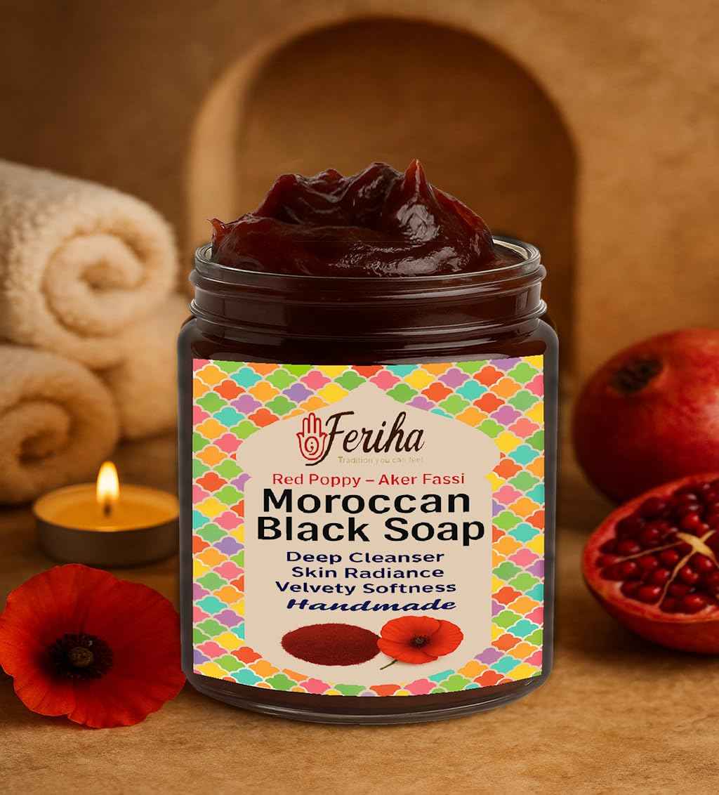 FERIHA Moroccan Black Soap with Aker Fassi – Red Poppy Petals & Pomegranate Shell – 100% Natural Artisan Beldi Hammam Soap for Radiance, Skin Firming & Deep Cleansing – Sourced & Crafted in Morocco