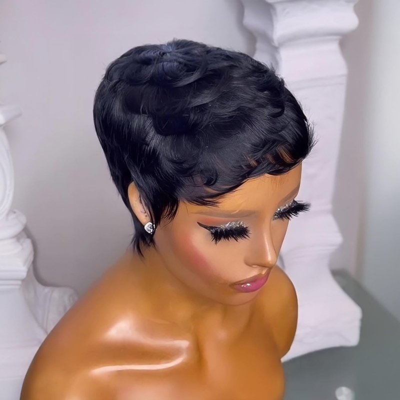 Pixie Cut Wig - Human Hair Short Layered Wig for Black Women | Glueless Full Machine Made with Bangs, Black Color