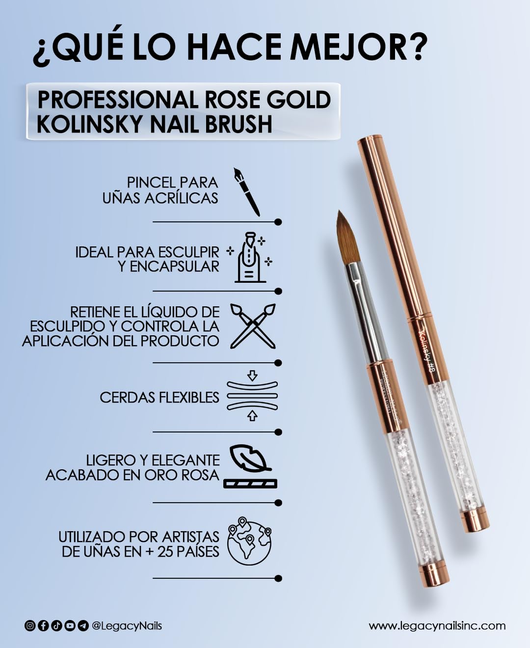 Legacy Nails Professional Rose Gold Kolinsky Nail Brush #10 - Perfect For Sculpting Acrylic Nail Extensions Flexible bristles Light weight