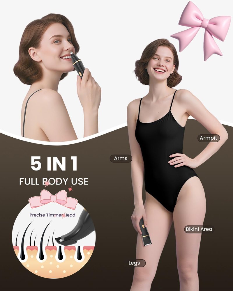 Bikini Trimmer for Women - 5-in-1 Electric Razor for Sensitive Skin | Waterproof Hair Removal Shaver - Black