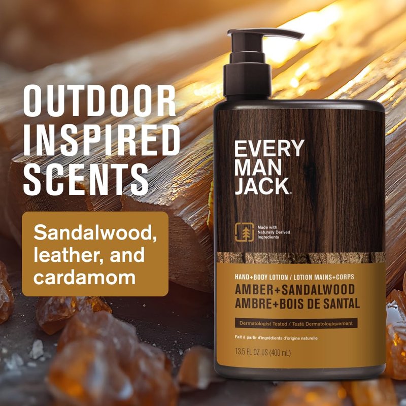 Every Man Jack Men's Amber & Sandalwood Hand & Body Lotion - Hypoallergenic, Lightweight Formula | 13.5oz (2 Pack)