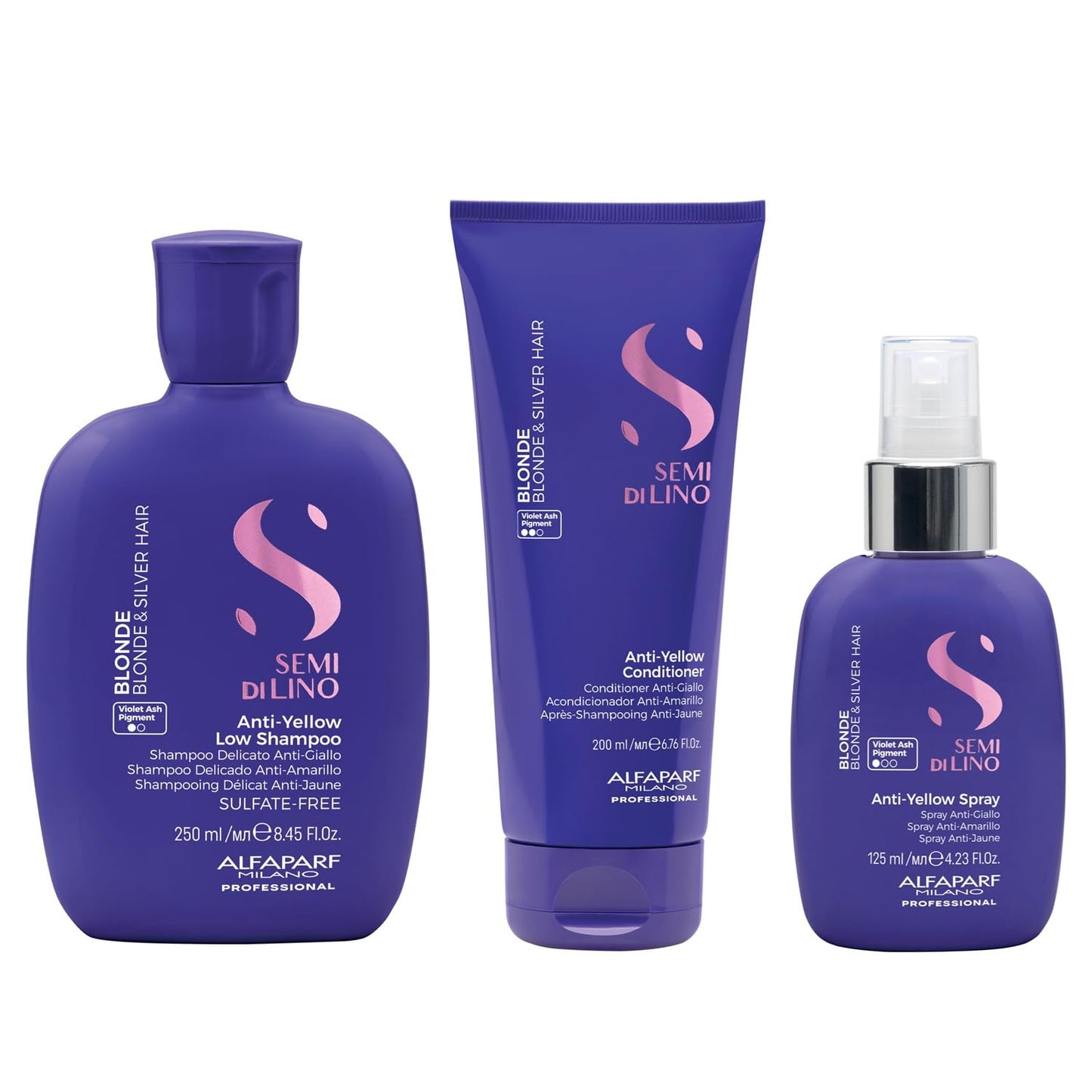 Alfaparf Milano Semi di Lino Gift Set for Blonde and Silver Hair - Anti-Yellow Sulfate Free Shampoo, Conditioner and Leave-In Spray Toner - Neutralizes Unwanted Yellow Tones