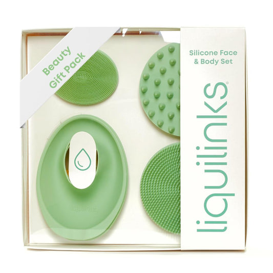 LiquiLinks Beauty Gift Set for Face & Body - Spa Kit with Silicone Wristbands, Body Scrubber, Face Buffer & Scalp Exfoliator - Essential Skincare for Teen Girls & Women (Sage Green)