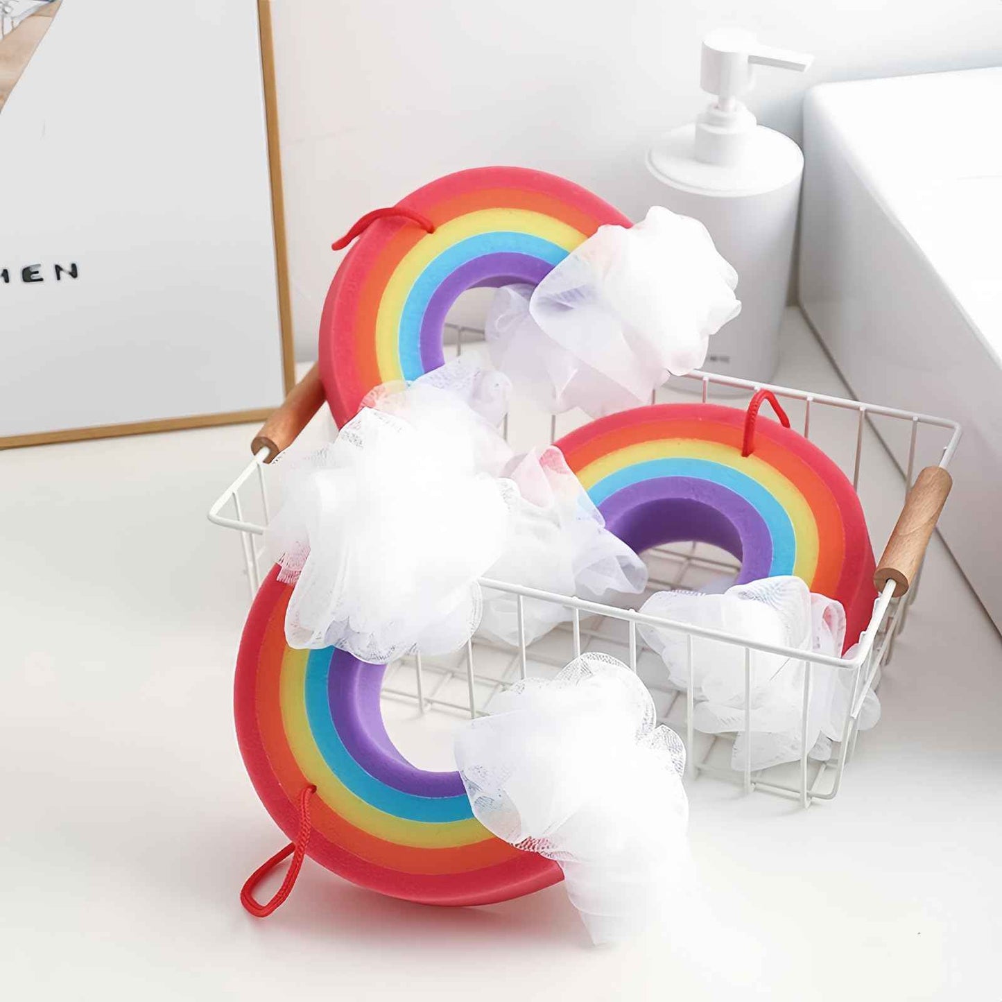 SHIDOW Rainbow Bath Ball Shower Loofah Sponge, Rainbow Shape Bath Sponge Shower Loofahs with Ribbon Loop for Shower for Women Girls (4 Pcs)
