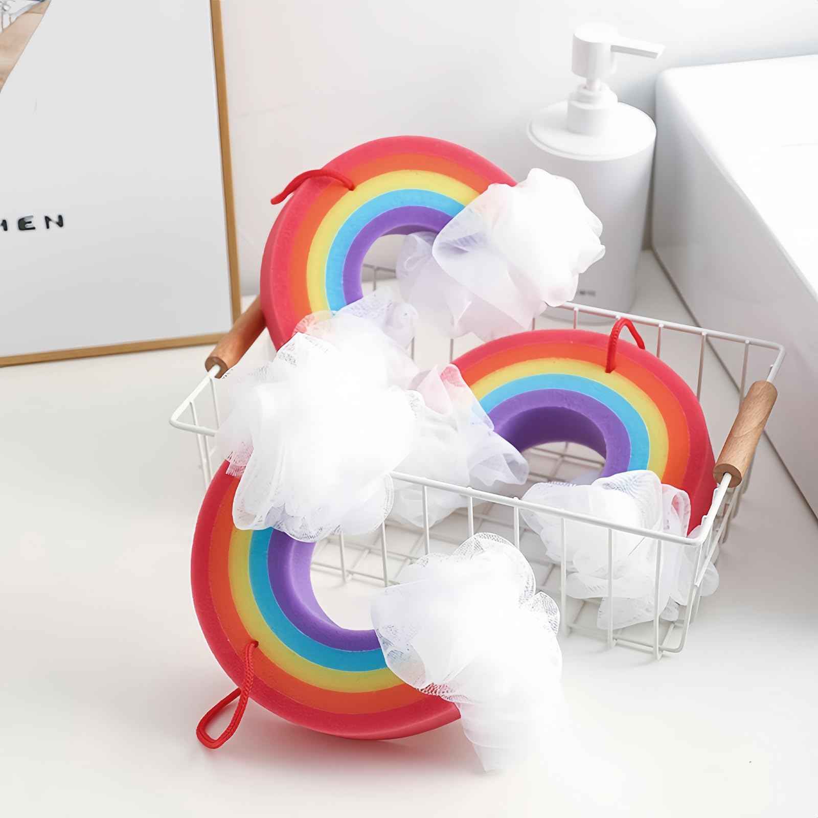SHIDOW Rainbow Bath Ball Shower Loofah Sponge, Rainbow Shape Bath Sponge Shower Loofahs with Ribbon Loop for Shower for Women Girls (4 Pcs)