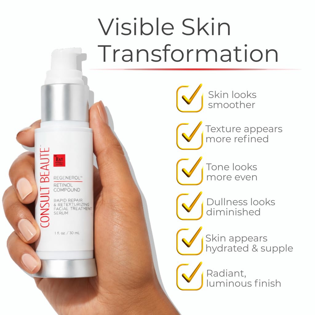 Consult Beaute Regenerol Renewing Retinol Compound Serum with Hydrating Hyaluronic Acid for Face - Rapid Repair, Retexturizing Skin Care Treatment for Lines, Wrinkles 1 Fl. Oz.