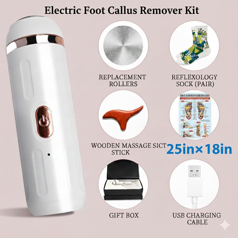 Electric Callus Remover & Reflexology Socks Kit – Rechargeable Pedicure Tools Set with Wooden Gua Sha Massager for Plantar Fasciitis Relief, Dead Skin & Cracked Heels