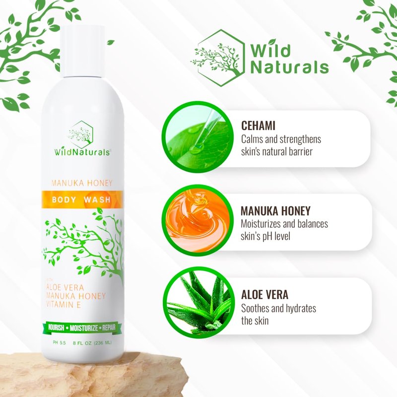 Wild Naturals Manuka Honey Eczema and Psoriasis Body Wash – Organic, Natural Body Wash with Aloe Vera, Cehami, and Manuka Honey – Plant-Based, Sulfate-Free, Cruelty-Free Skincare