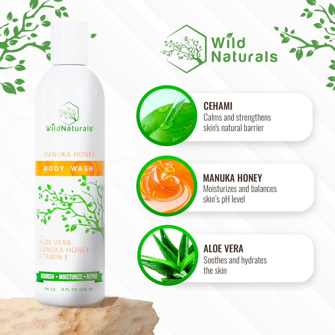 Manuka Honey Eczema and Psoriasis Body Wash – Organic, Natural Body Wash with Aloe Vera, Cehami, and Manuka Honey – Plant-Based, Sulfate-Free, Cruelty-Free Skincare