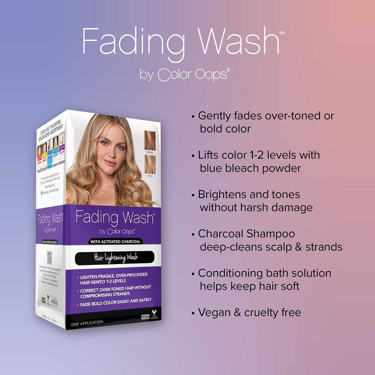 Color Oops Fading Wash Kit with Activated Charcoal, Hair Lightening Wash Gently Fades Processed Hair, Lifts 1-2 Levels of Bold Color and Brightens Tone, Vegan & Cruelty Free