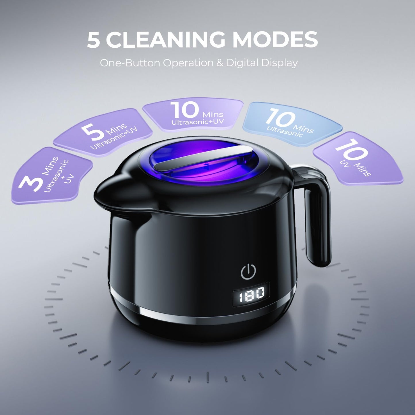 GYNHD Ultrasonic Retainer Cleaner Machine - 45kHz Ultrasonic Cleaner - 200ML Mouth Guard & Denture Cleaner Pod & Jewelry - 5 Modes with Digital Timer - Upgrade Water Bottle Design