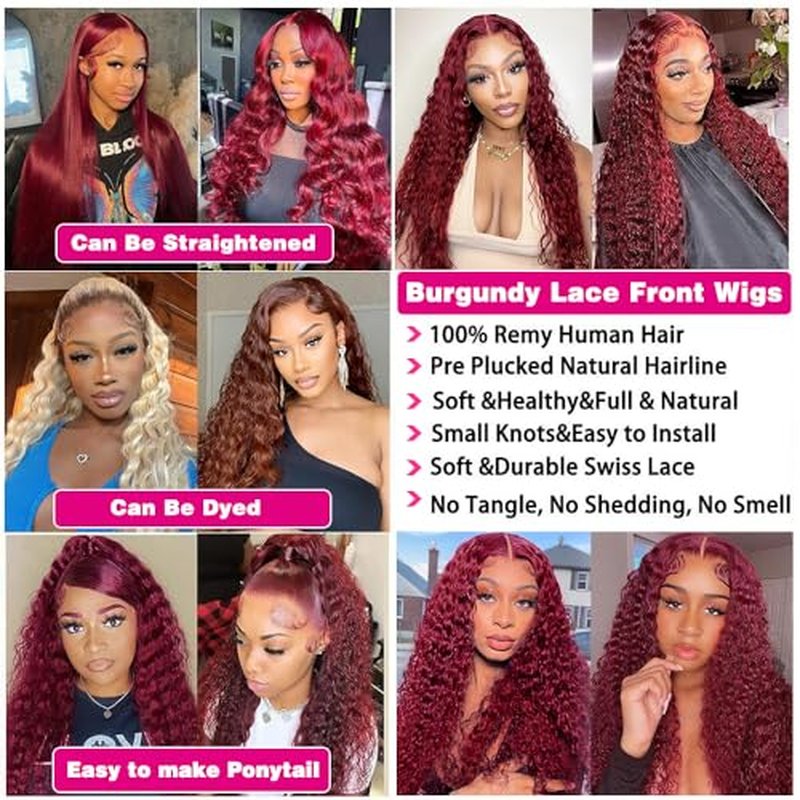 99J Burgundy Deep Wave 13x6 Lace Front Wigs Human Hair 200% Density Lace Frontal Wigs Human Hair Pre Plucked 99j Burgundy Deep Curly Wave HD Lace Front Wigs for Women (20Inch)