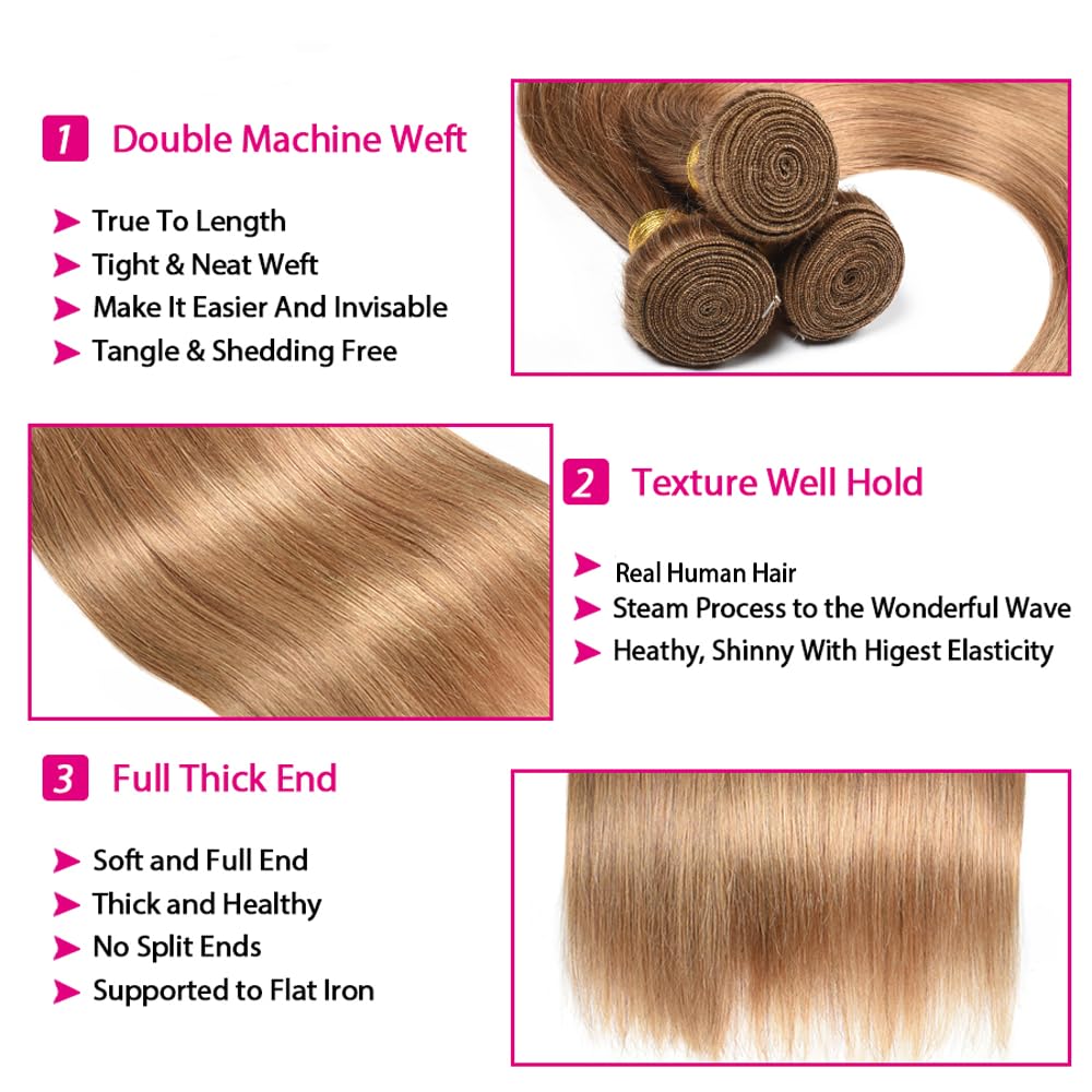 Color 27 Straight Human Hair Bundles Brazilian Virgin Hair Color 27 Bundles Human Hair 14 16 18 Inch Honey Blonde Remy Hair Extensions
